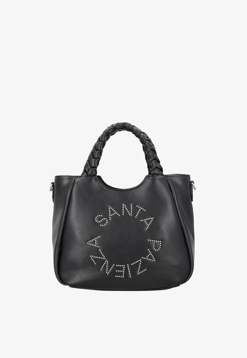 Borsa a tracolla in pelle nera con manico intrecciato, scritta circolare con borchie "SANTA PAR" sulla parte anteriore e forma strutturata.