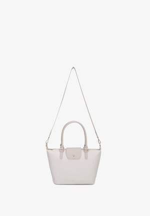 Hellbeige Lederhandtasche mit zwei kurzen Griffen, einer Klappentasche auf der Vorderseite und einem langen verstellbaren Schultergurt.