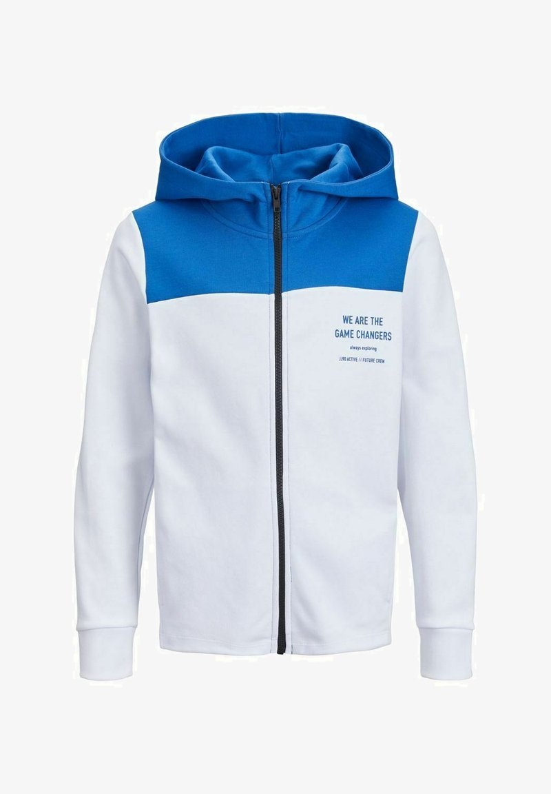 Sweat à capuche zippé avec un haut bleu et un corps blanc. Matière douce, manches longues, texte graphique sur le devant et fermeture éclair noire.