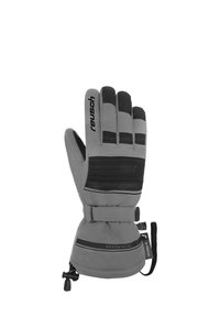 Guanto isolato grigio con esterno in softshell, dettagli in pelle nera sulle dita, cinturino regolabile al polso e cordino per una vestibilità aderente.