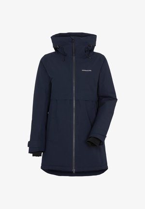 Tumesinine veekindel jope lukuga ees, reguleeritava kapuutsi ja elastsete varrukasäärtega. Omadusteks keskmise pikkusega lõige ja logo rinnal.