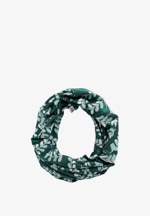 Roheline lõpmatuse sall valgete lehemustritega, pehme kangaga, ümmarguseks ringiks volditud, valgel taustal.