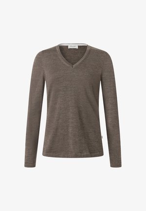 Ruské dlouhý rukáv svetr s výstřihem do V z texturované pleteniny. Na spodní levé straně je štítek. Jednoduchý, klasický design.