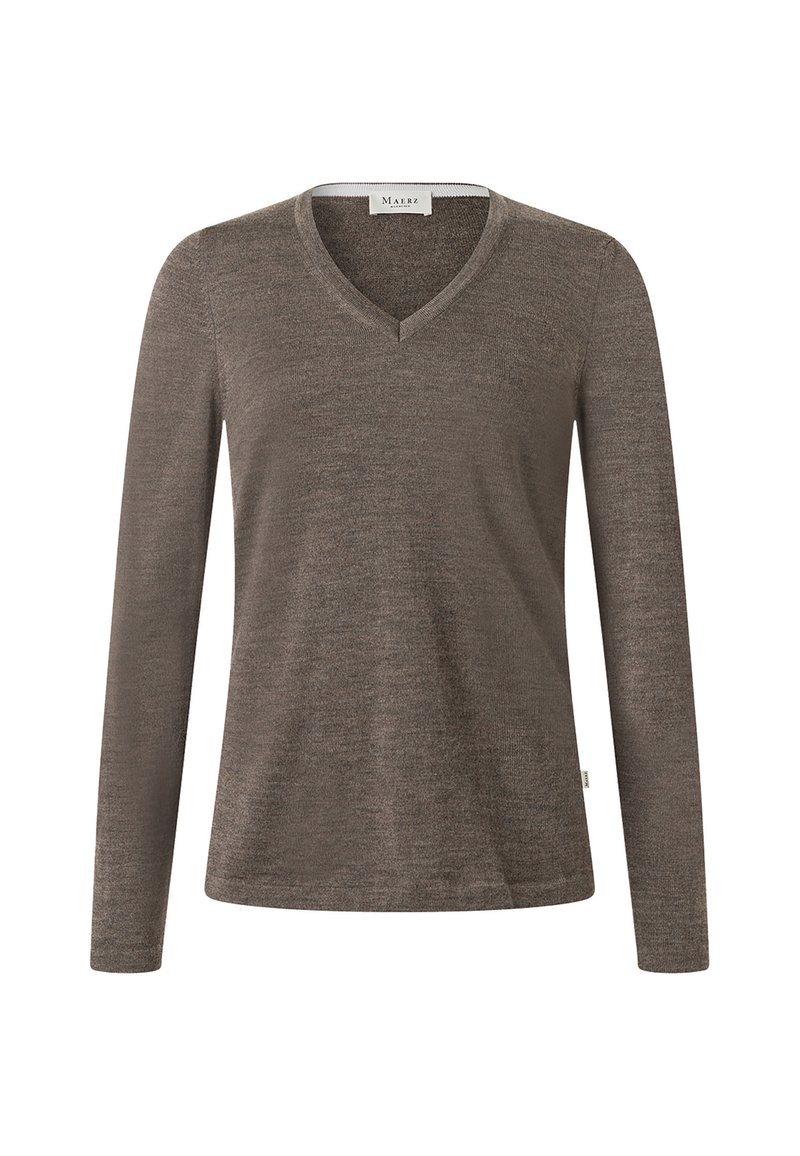 Brun långärmad V-ringad tröja i texturerad stickad kvalitet. Har en etikett på nederkanten till vänster. Enkel, klassisk design.