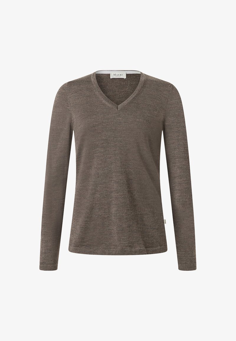 Brun långärmad V-ringad tröja i texturerad stickad kvalitet. Har en etikett på nederkanten till vänster. Enkel, klassisk design.
