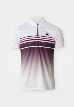 White polo shirt with zip collar, horizontal stripes in black, pink, and purple, and gradient fade from purple to white at the bottom.