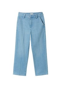 Ljust blå denimbyxor med vida ben som har framfickor, bälteshällor och subtil blekning, designade med en löst sittande silhuett.