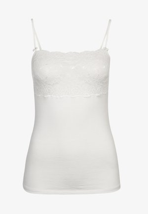 White camisole with adjustable spaghetti straps, featuring a lace overlay at the top and a smooth, soft fabric for comfort.