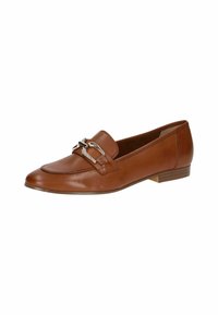 Brown leather loafers with a sleek design, featuring a decorative silver buckle and a low heel. Smooth texture with minimal stitching details.