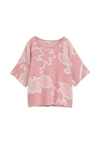 Růžový pletený top se širokými rukávy s bílým květinovým vzorem. Kulatý výstřih a volný střih. Měkká textura; lem je rovný.