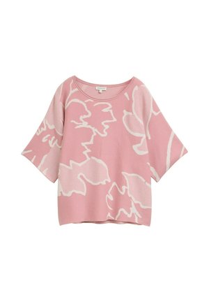 Haut tricoté rose à manches larges avec un motif floral blanc. Encolure ronde et coupe décontractée. Texture douce ; ourlet droit.