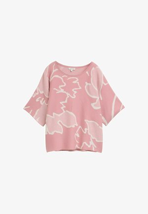 Pink knitted top with wide sleeves featuring a white floral pattern. Round neckline and casual fit. Soft texture; hemline is straight.