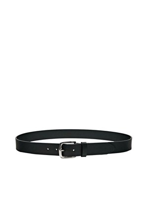 Black leather belt with silver rectangular buckle and three adjustment holes, laid flat on a white background.