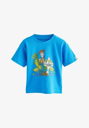 Niebieska bawełniana koszulka z nadrukiem postaci z kreskówek: Woody, Buzz Lightyear, Rex i kosmici w żywych kolorach na przodzie.