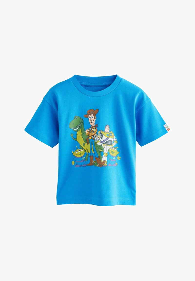 Blå bomulds t-shirt med cartoon figurer: Woody, Buzz Lightyear, Rex og aliens trykt på forsiden i livlige farver.