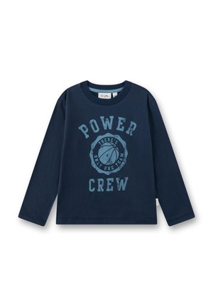 Navy blue long-sleeve T-shirt made of cotton with a round neckline, featuring a graphic print in light blue that reads "POWER CREW."