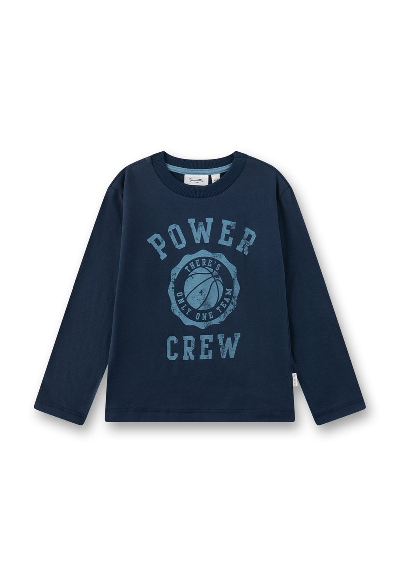 Marineblaues Langarm-T-Shirt aus Baumwolle mit rundem Ausschnitt, mit einem hellblauen Grafikdruck mit der Aufschrift "POWER CREW".