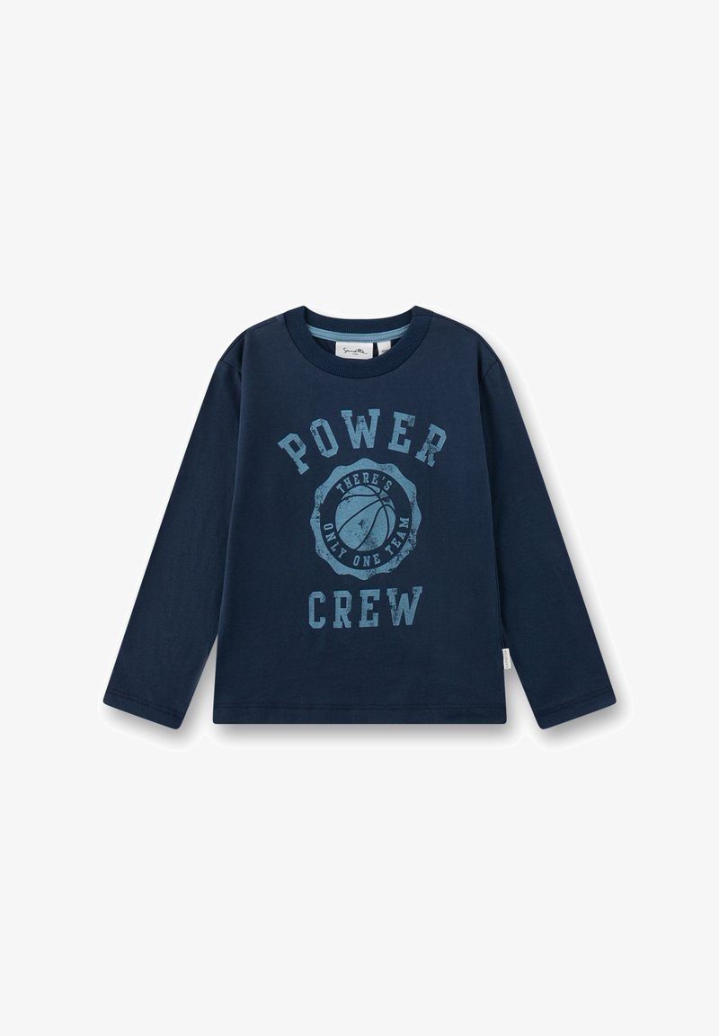 Marineblaues Langarm-T-Shirt aus Baumwolle mit rundem Ausschnitt, mit einem hellblauen Grafikdruck mit der Aufschrift "POWER CREW".