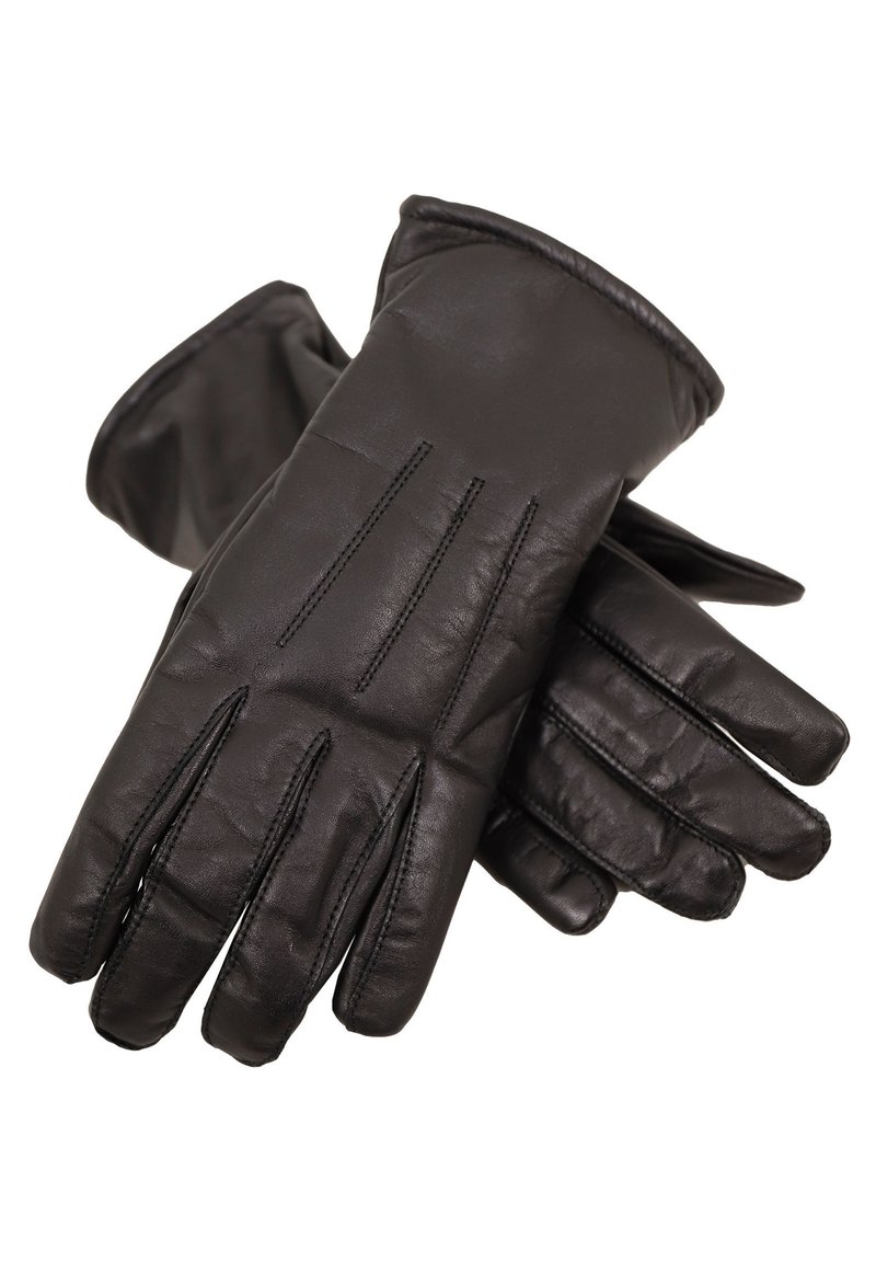 Schwarze Lederhandschuhe verfügen über eine glatte Oberfläche, Nahtdetails und eine enge Passform. Sie sind mit fünf Fingern und einem einfachen Manschettenöffnungsdesign gestaltet.