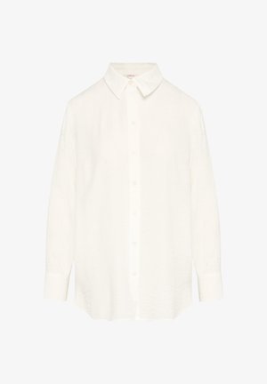 Weißes Langarmhemd mit Knopfleiste, klassischem Kragen, aus leichtem Stoff mit leicht strukturierter Oberfläche.