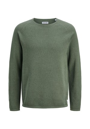 Pull en maille olive à manches longues avec col rond et un motif texturé subtil, étiqueté Jack & Jones, taille large.