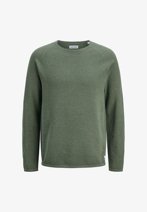 Pitkähihainen oliivinvihreä neulepaita, jossa on pyöreä pääntie ja hienovarainen teksturoitu kuvio, merkki Jack & Jones, koko suuri.