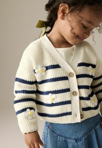 Gestreifter Cardigan in hellem Creme und Marineblau, mit dreidimensionalen Blumen, Knopfverschluss und geripptem Muster. Kombiniert mit einem Jeansrock.