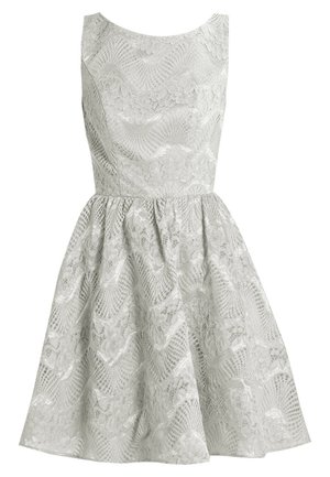 Robe sans manches en dentelle argentée avec corsage cintré et jupe évasée ornée de motifs floraux et géométriques.