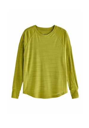 Chemise à manches longues et col rond de couleur vert olive avec une texture subtile à rayures horizontales, étalée à plat, montrant la vue de face et les poignets côtelés.
