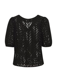 Haut noir avec un design en tricot ouvert à motif, manches courtes et bouffantes, et encolure ronde. L'ourlet est droit et se situe à la taille.