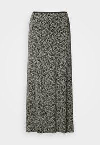 Falda maxi de color negro con un patrón abstracto en verde claro. Tejido suave, cinturilla elástica, diseño fluido y corte hasta el suelo.
