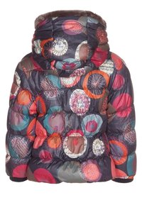 Gevoerde jas in donkerpaars met meerkleurige cirkelpatronen. Heeft een met bont afgewerkte capuchon, elastische manchetten en een doorstikte textuur.