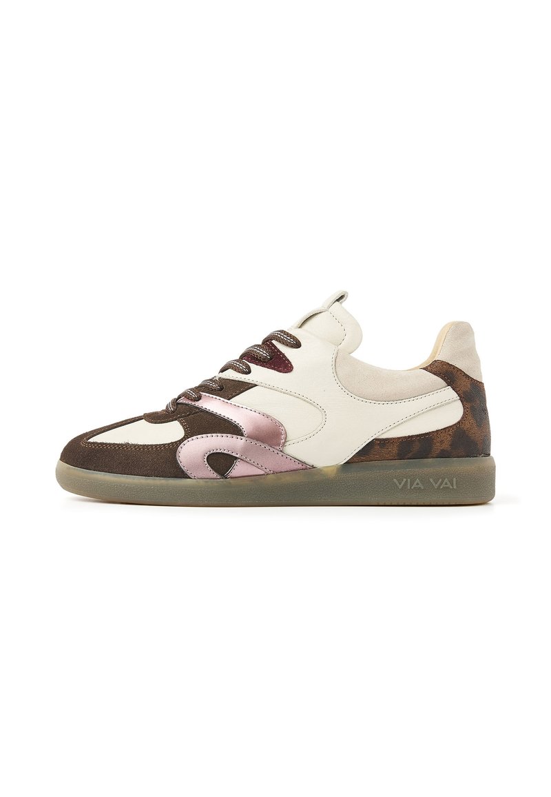 Multicolor sneaker featuring a mix of cream, brown, and pink suede with leopard print accents and a translucent rubber sole. Lace-up design.