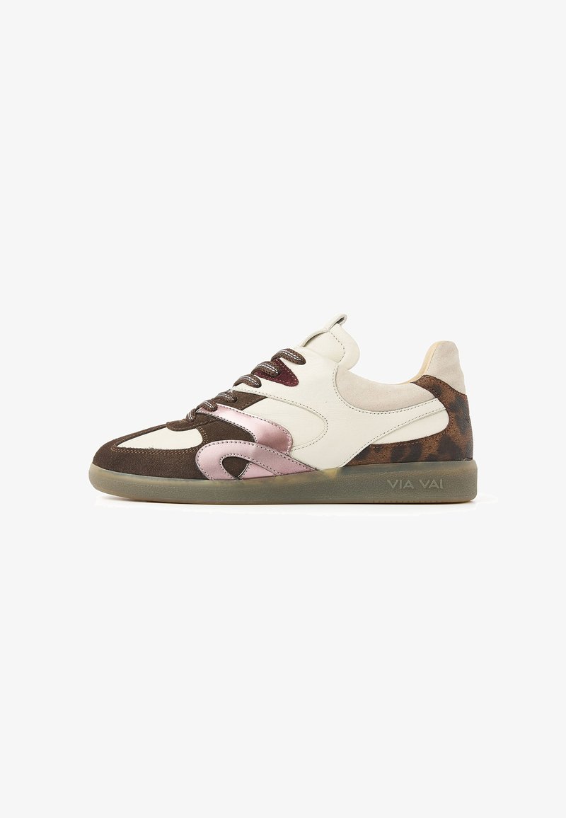 Multicolor sneaker featuring a mix of cream, brown, and pink suede with leopard print accents and a translucent rubber sole. Lace-up design.