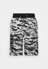 Grå kamouflagebyxor med svart elastisk midjeband och dragsko. Har en logotyp i vitt på nedre högra benet.