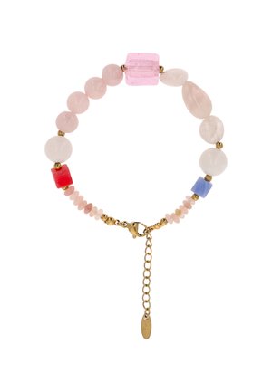 Karkötő vegyes rózsaszín, piros, kék gyöngyökkel, arany távtartó gyöngyökkel és arany homárkapoccsal, állítható lánccal.