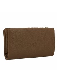 Portafoglio in pelle marrone con superficie testurizzata e effetto scozzese. Forma rettangolare, dotato di chiusura a zip lungo un lato. Design compatto.