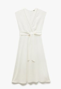 Weißes Midi-Kleid mit kurzen Ärmeln, V-Ausschnitt und Taillengürtel. Verfügt über dekorative Nähte am Ausschnitt, glattes Material und eine lockere Passform.
