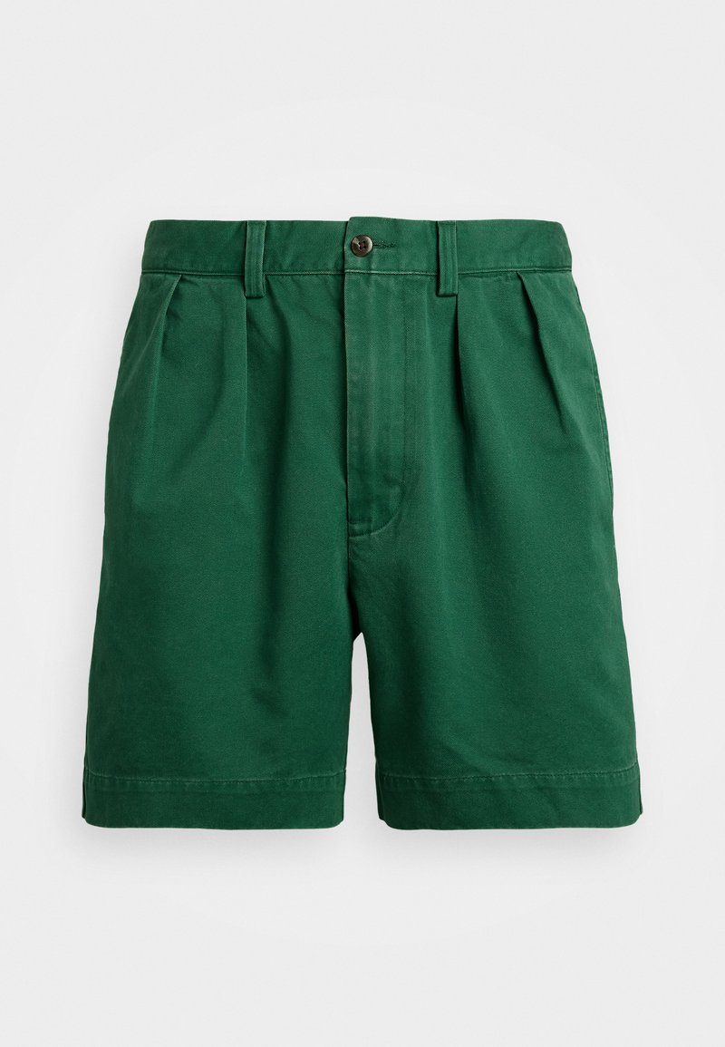 Grüne Shorts mit einer lockeren Passform, die Taschenfalten, einen Knopfverschluss und Seitentaschen aufweisen. Hergestellt aus Baumwollmaterial mit einer glatten Textur.