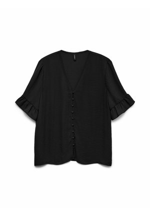 Blouse noire à manches courtes avec un décolleté en V, dotée d'une fermeture à boutons à l'avant et de bords de manches froncés, fabriquée dans un tissu léger.