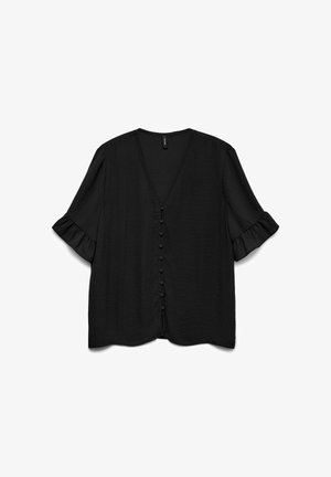 Blouse noire à manches courtes avec un décolleté en V, dotée d'une fermeture à boutons à l'avant et de bords de manches froncés, fabriquée dans un tissu léger.