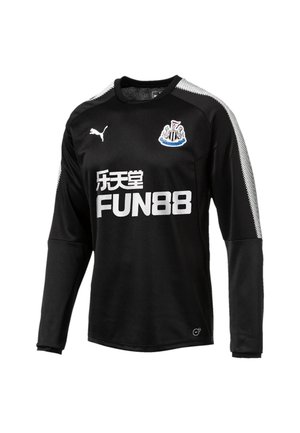 Schwarzes langärmliges Fußballtrikot aus leichtem Material mit rundem Ausschnitt, Netz-Einsätzen an den Seiten, Puma-Logo und Newcastle United Branding.