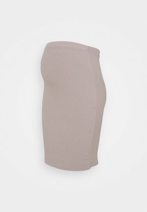 Knee-length fitted skirt in light beige ribbed fabric, featuring a smooth texture and a simple waistband design.