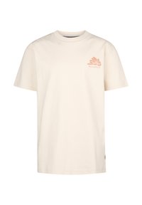 Romige katoenen t-shirt met een ronde hals en korte mouwen. Heeft een klein oranje logo op de linkerkant van de borst dat een gestileerde bloem afbeeldt.