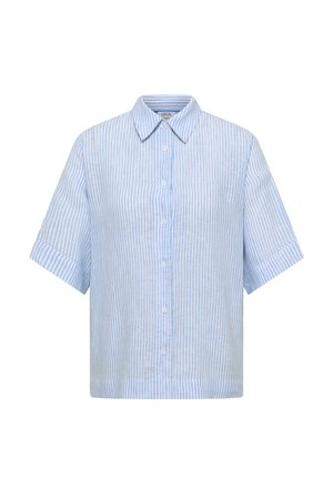 Blouse à manches courtes avec rayures verticales bleu clair et blanches, dotée d'un devant à boutons et d'un col pointu, fabriquée en tissu léger.