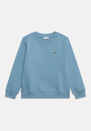 Lyseblå langærmet sweatshirt med rund hals og ribkant ved manchetter og bund, med et lille grønt krokodillelogo på venstre bryst.