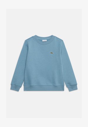 Sweat-shirt bleu clair à manches longues et col rond, avec poignets et base côtelés, présentant un petit logo crocodile vert sur la poitrine gauche.