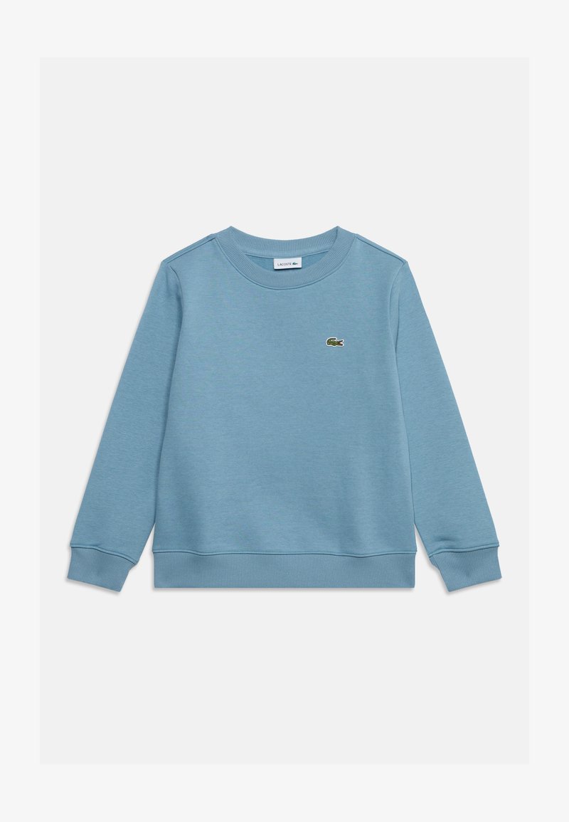 Sweat-shirt bleu clair à manches longues et col rond, avec poignets et base côtelés, présentant un petit logo crocodile vert sur la poitrine gauche.