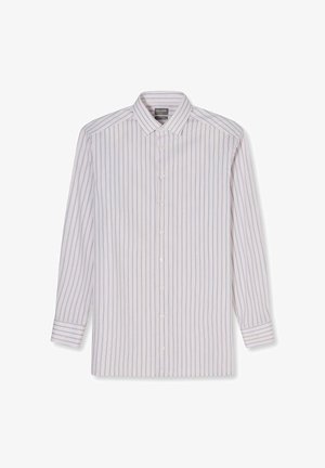 Weißes langärmliges Hemd mit vertikalen hellgrauen Streifen, durchgeknöpfter Vorderseite, Kent-Kragen und geknöpften Manschetten.