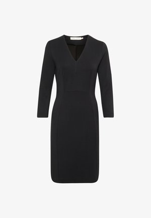 Vestido negro ajustado con escote en V, mangas tres cuartos y una textura de tela suave. Presenta una silueta entallada y costuras verticales.